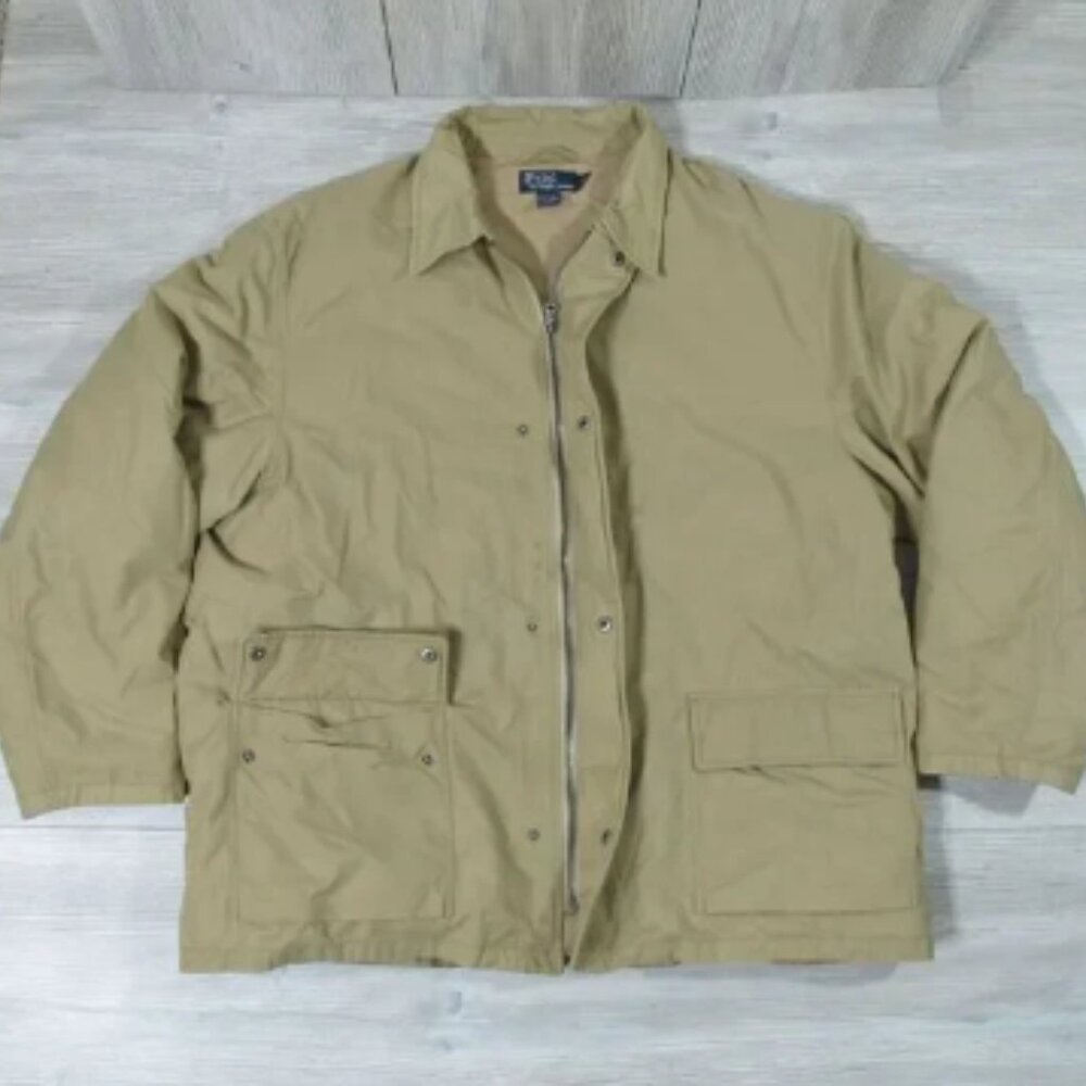 Vintage Polo Ralph Lauren Jacket Mens 2XL Tan Down Fill Quilted Lined Double Zip